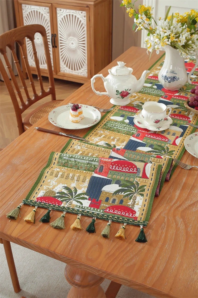 Bluejw ized 35*180cm Muslim Ramadan Print Jacquard Polyester Table Runner with Moon Star Design Eid Mubarak Tassels - Image 4